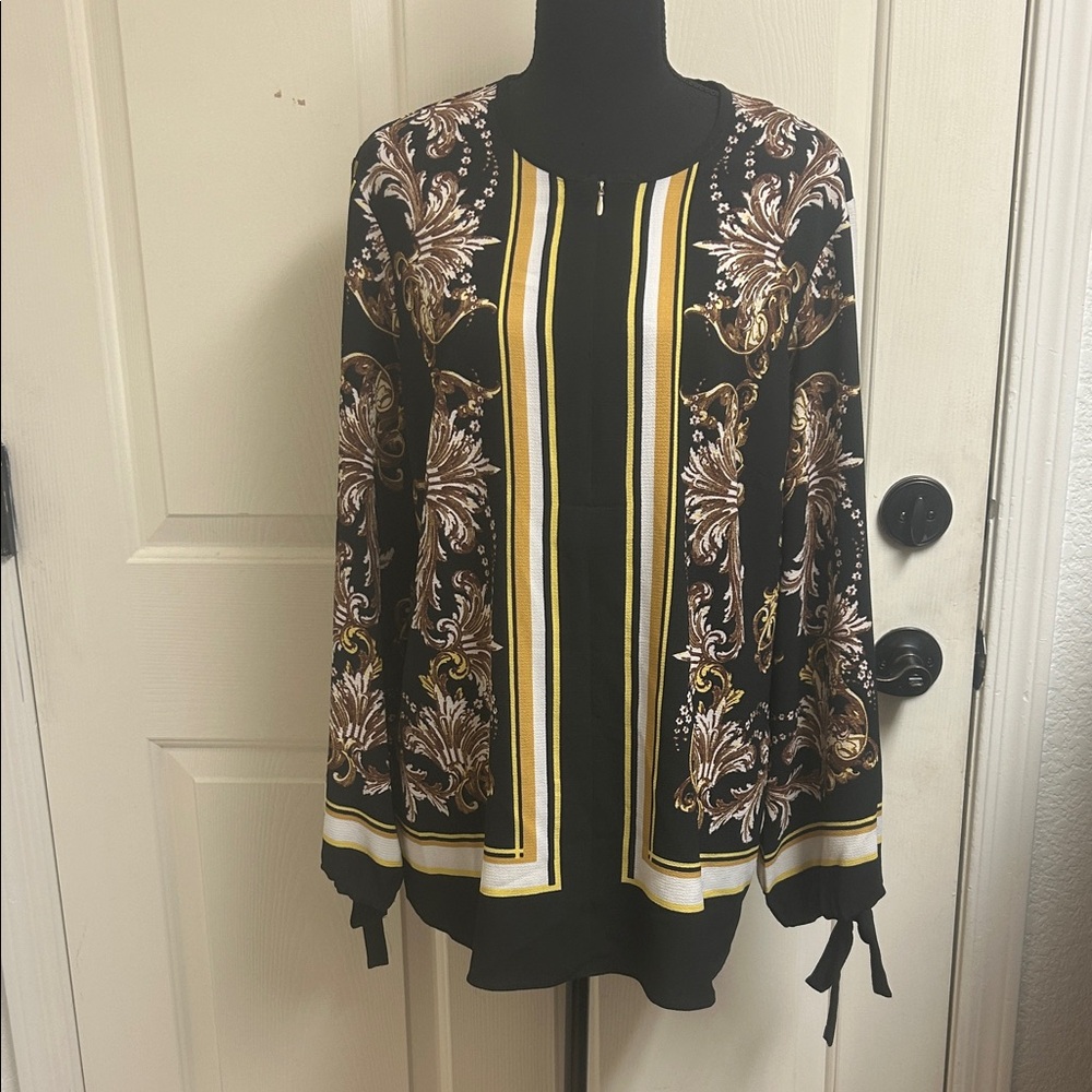 JONES New York Gilded Scarf Zip Front Blouse, Size Large, Excellent Condition